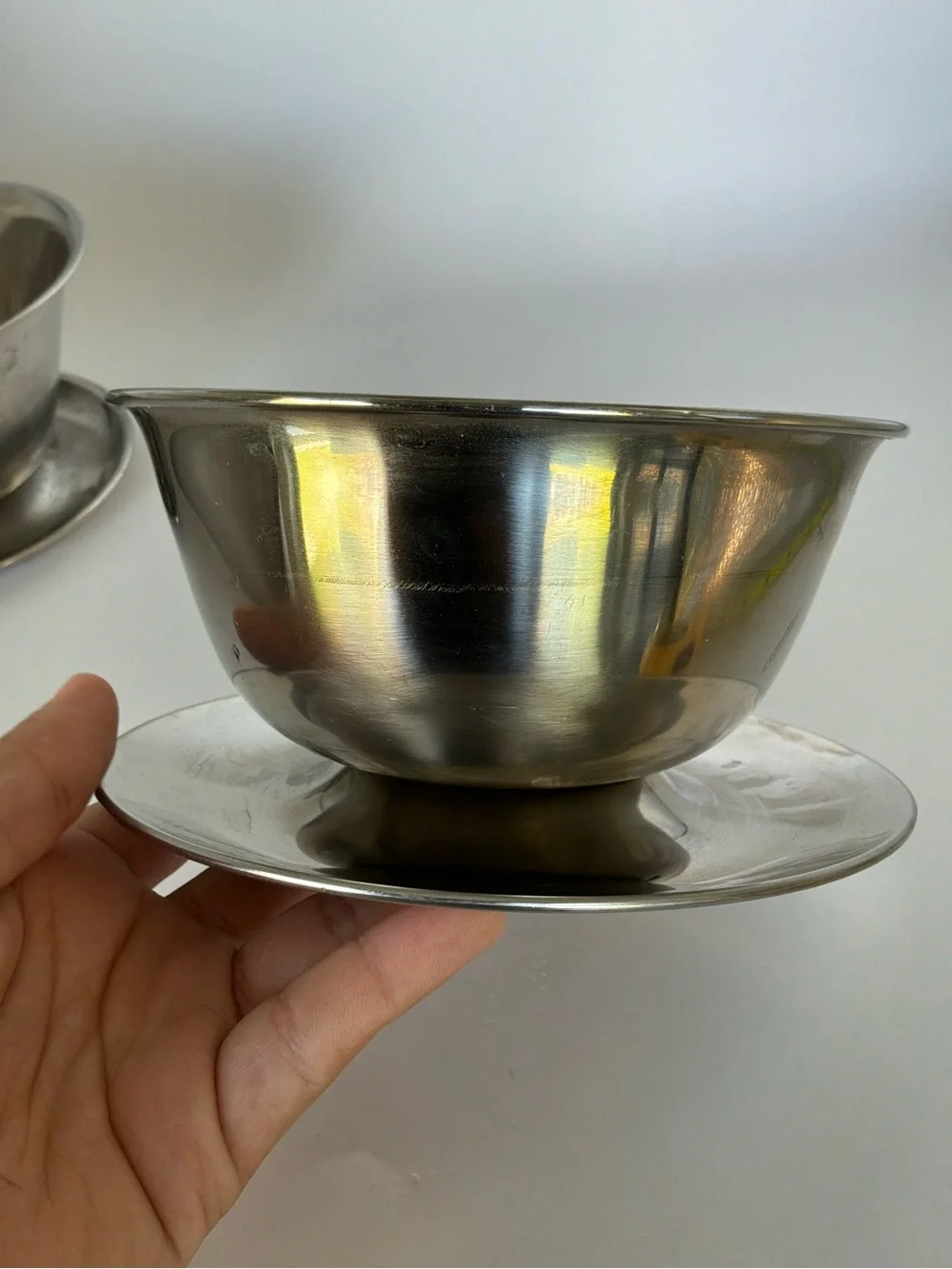 Vintage Stainless Steel Sauce Bowls with  Attached Underplates Set of 2